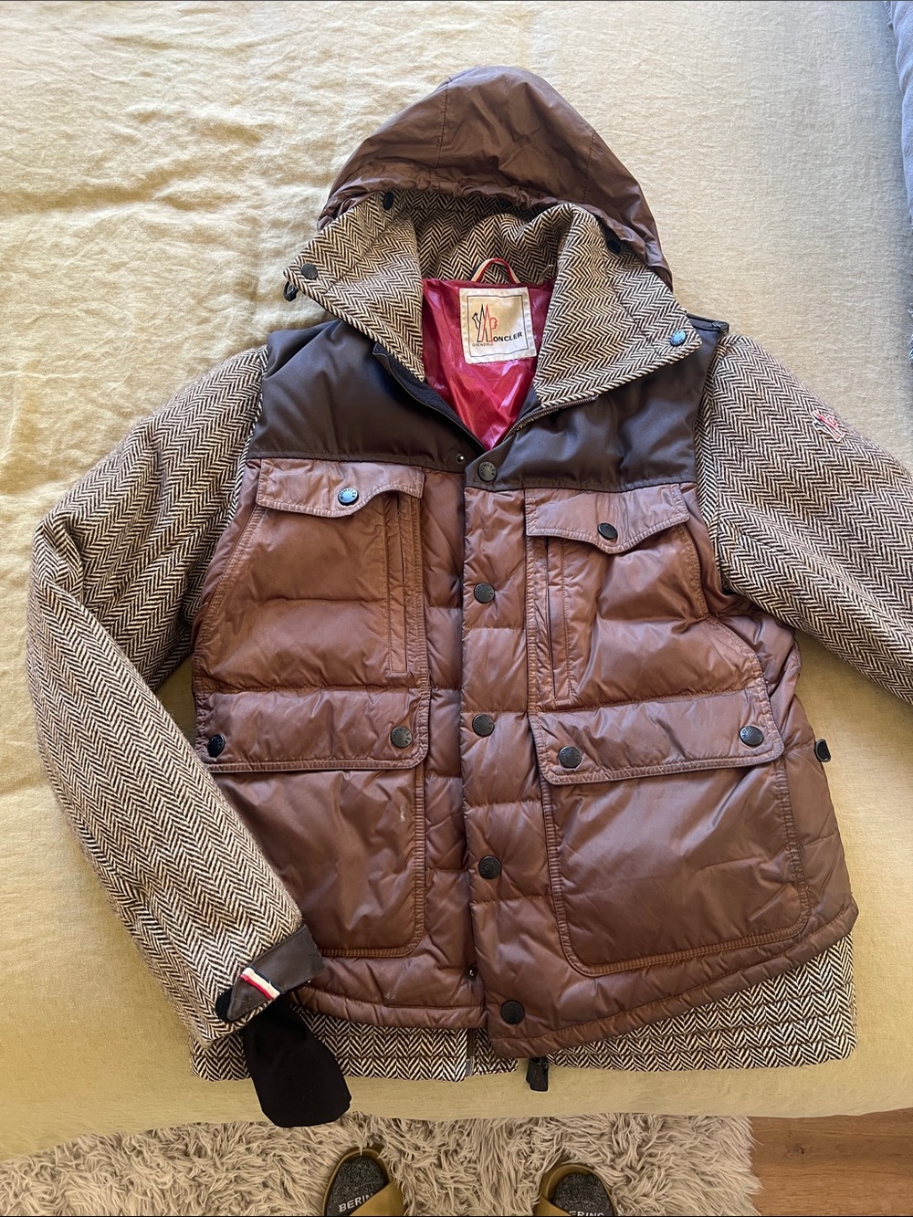Moncler Brown Quilted & Herringbone Hooded Mixed-Material Jacket